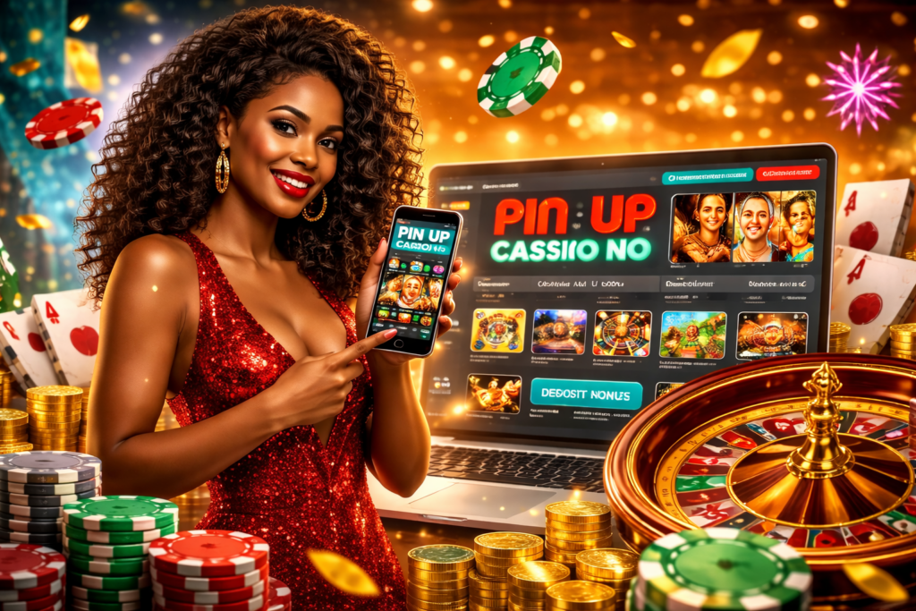 Interface du site officiel Pin Up Casino au Congo affichée sur ordinateur portable, avec jetons, pièces d’or et roulette en arrière-plan, illustrant le casino en ligne RDC pour joueurs francophones.
