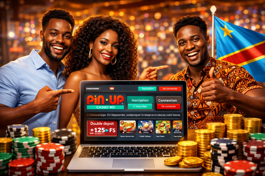 Page d’inscription et de connexion Pin Up Congo ouverte sur un ordinateur portable, entourée de jetons de casino et du drapeau de la RDC, mettant en avant l’accès au site officiel pour les joueurs francophones.