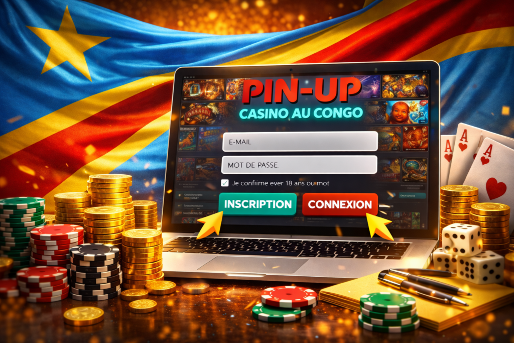 Joueurs souriants devant un écran affichant Pin Up Casino au Congo, avec offres de bonus, jetons et pièces d’or, illustrant les promotions et avantages pour les joueurs en ligne en RDC.